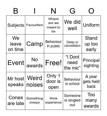 Assembly Bingo Card