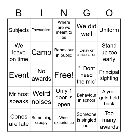 Assembly Bingo Card