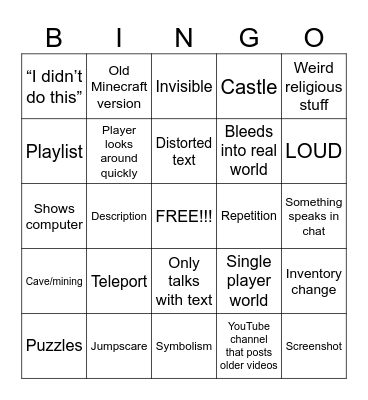 Minecraft ARG bingo Card
