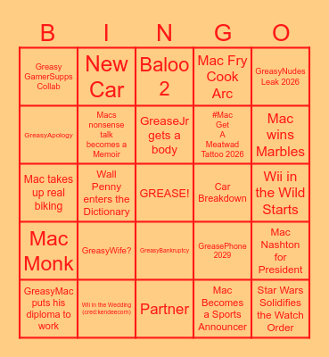Greasy Life Bingo! Bingo Card