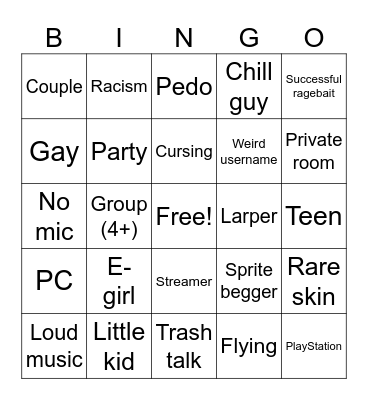 Fortnite voice chat bingo Card