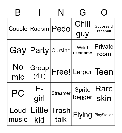 Fortnite voice chat bingo Card