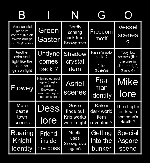 Deltarune chapter 5 Bingo Card