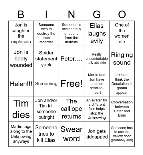 TMA Season 3 Finale predictions Bingo Card