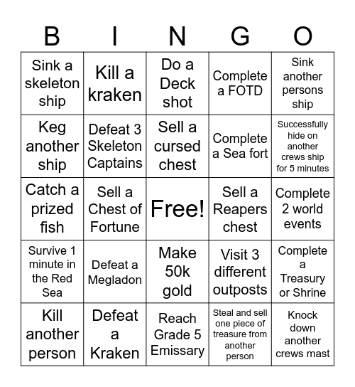 Sea of Thieves Bingo Card