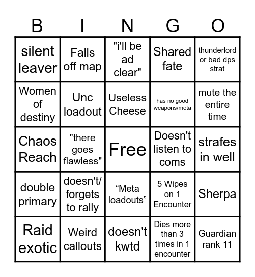 Destiny 2 Lfg Bingo Card