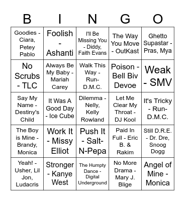 90s & 00s R&B/Rap Bingo Card