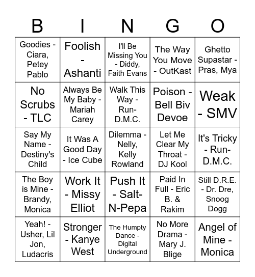 90s & 00s R&B/Rap Bingo Card