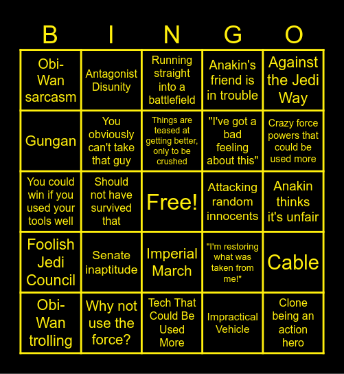 Star Wars the Clone Wars Bingo Card