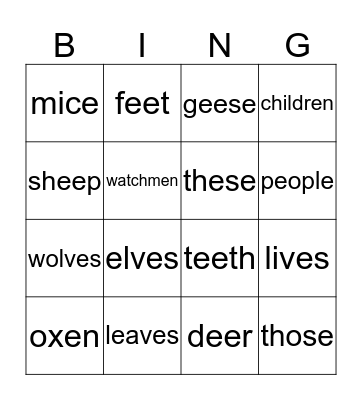 Plural Nouns Bingo Card