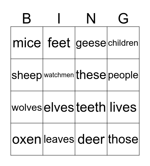 Plural Nouns Bingo Card