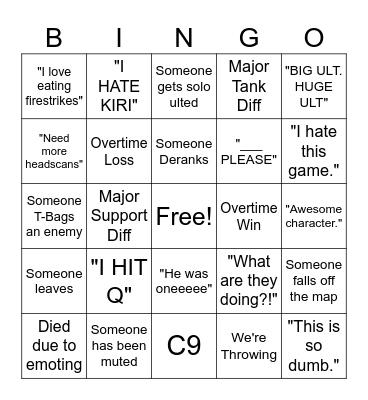 Overwatch Suffering Bingo Card