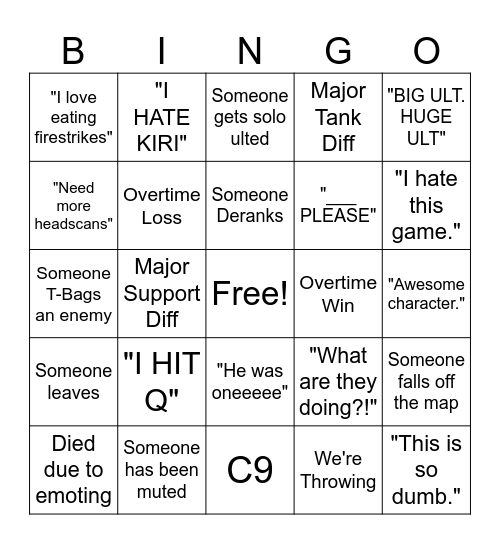 Overwatch Suffering Bingo Card