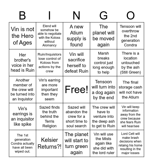 The Hero of Ages Bingo Card