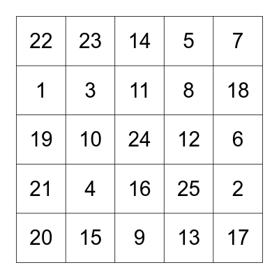 數字1-25賓果 Bingo Card