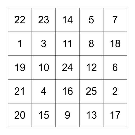 數字1-25賓果 Bingo Card