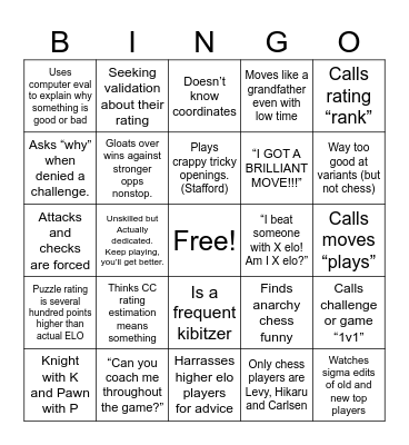“Tell me you are a beginner at chess without telling me you are a beginner at chess” Bingo Card