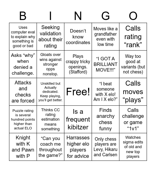 “Tell me you are a beginner at chess without telling me you are a beginner at chess” Bingo Card