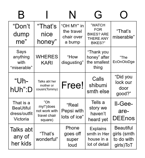Grandma Bingo Card