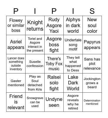 Aria's Deltarune Ch. 5 Pipis Bingo Card