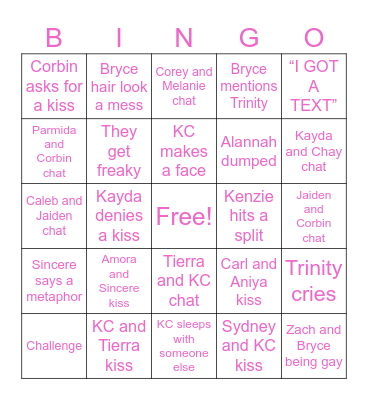 Love Island Episode 19 Bingo Card