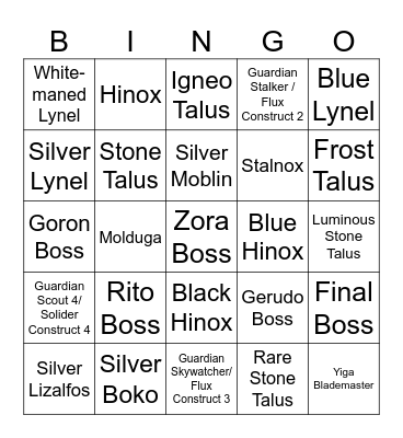 Botw/ Totk Mob Killer Bingo Card