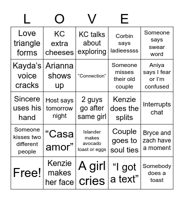 Love Island Bingo Card