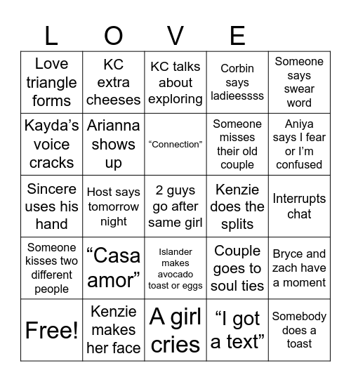 Love Island Bingo Card