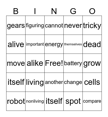 Living or Nonliving Bingo Card