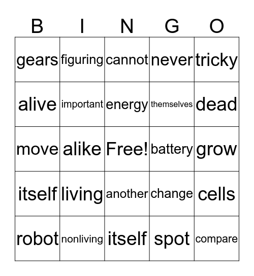 Living or Nonliving Bingo Card
