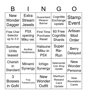P5X Anniversary Bingo Card