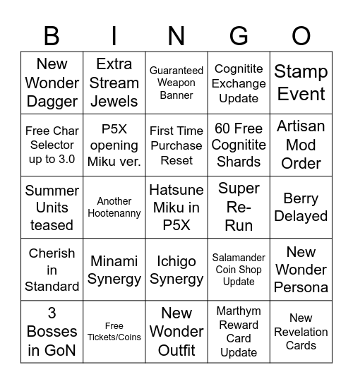 P5X Anniversary Bingo Card
