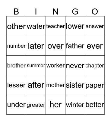 -er ending Bingo Card