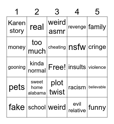 Reddit Stories Bingo Card