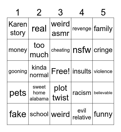 Reddit Stories Bingo Card