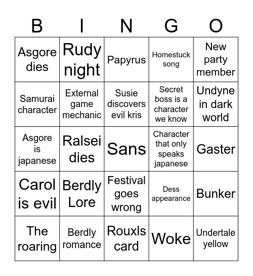 Deltarune Bingo Card
