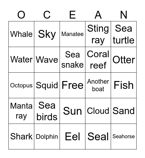 Sea animals Bingo Card