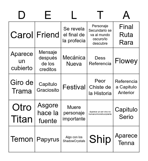 Deltarune Capitulo 5 Bingo Card