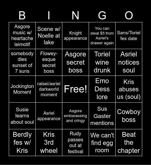 Deltarune Chapter 5 Bingo Card