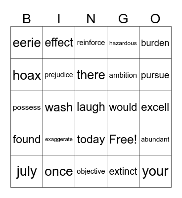 Sight Word Bingo Card