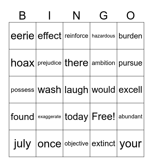 Sight Word Bingo Card