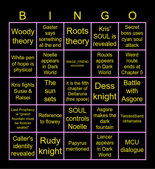 Deltarune Chapter 5 Bingo Card