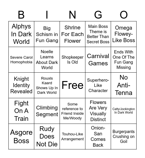Deltarune Chapter 5 BINGOR Bingo Card