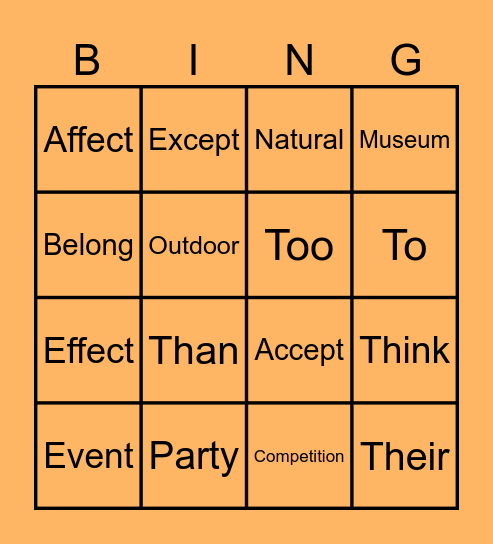 Confused words Bingo Card