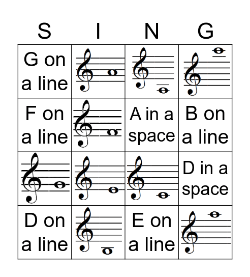 Treble Clef Bingo Card