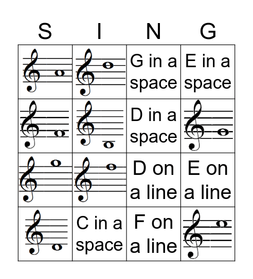 Treble Clef Bingo Card