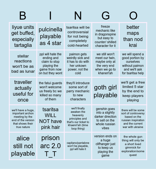Snezhnaya Predictions Bingo Card