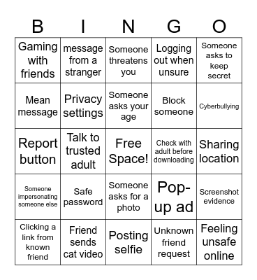 Internet Safety Bingo Card