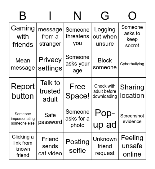 Internet Safety Bingo Card