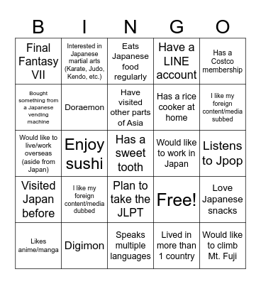Getting to know you (and Kawasaki!) Bingo Card